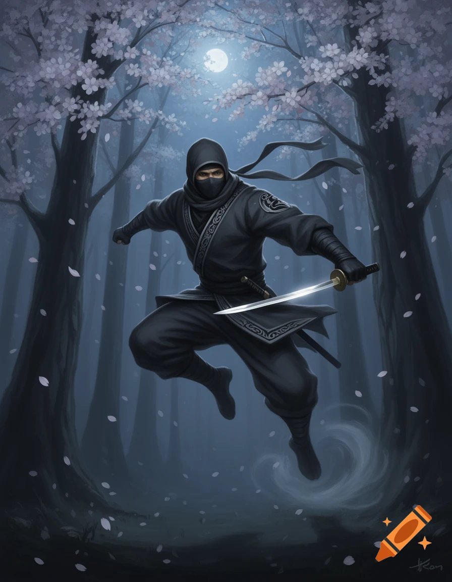 A ninja in a dark forest jumps with a katana, illuminated by a full moon and surrounded by falling cherry blossoms.