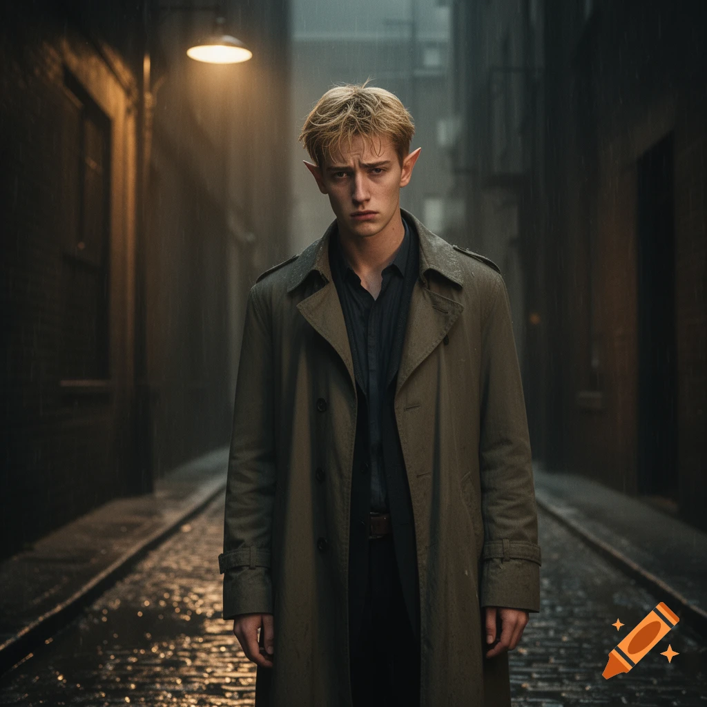 A sad young man with blonde hair and elven ears, wearing a trench coat ...