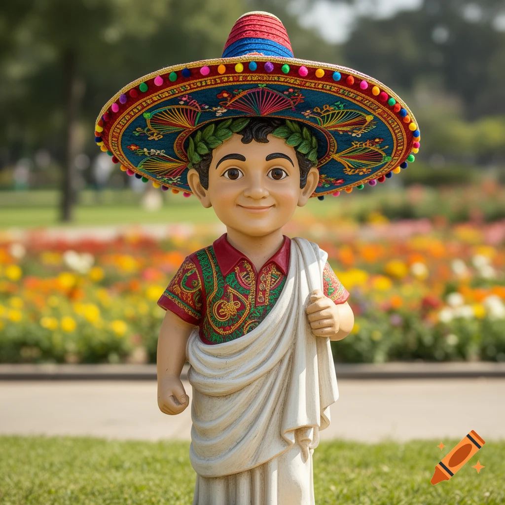 A smiling boy statue in a colorful sombrero, patterned shirt, and white toga, with a laurel wreath, standing in a sunny garden.