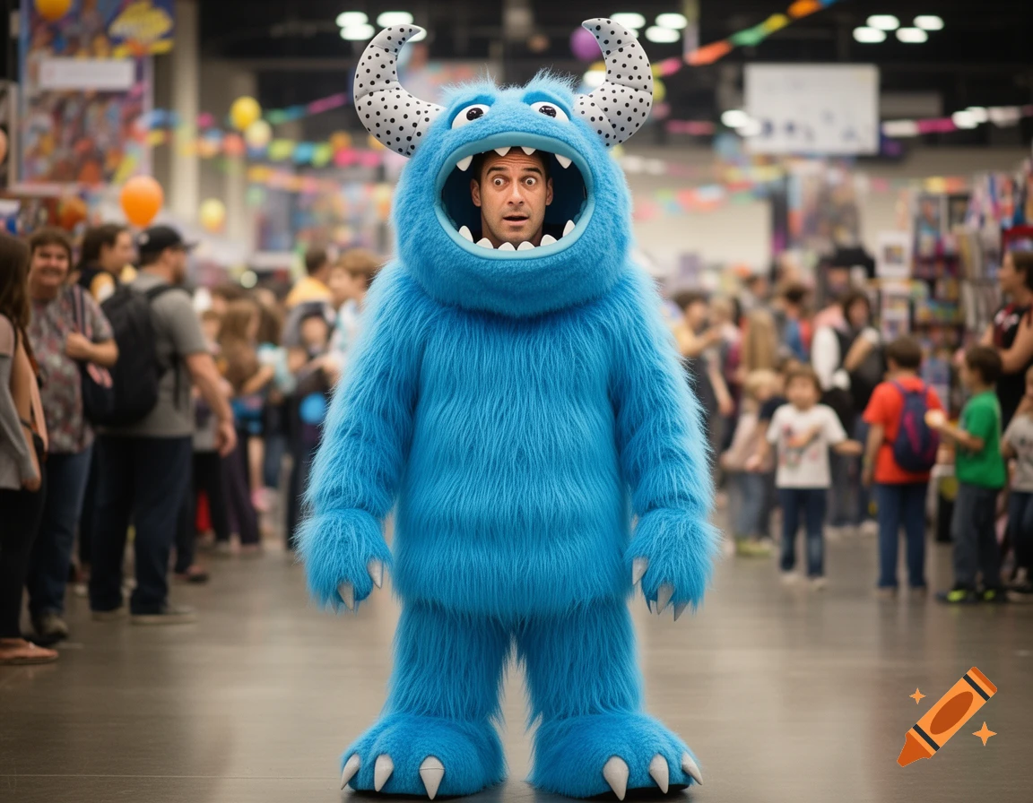 A man in a fluffy blue monster costume with horns looks surprised through the monster's mouth at a convention.
