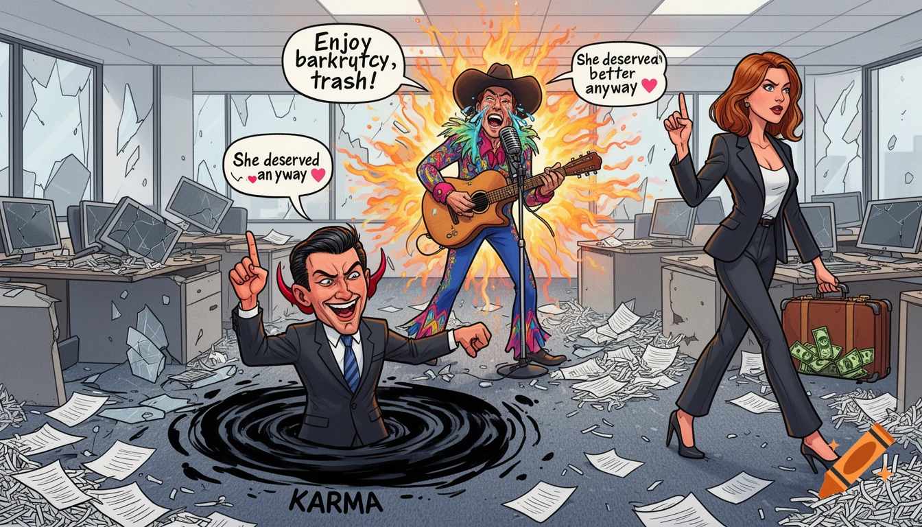 A cartoon office in ruins. A devilish CEO sinks into a 'Karma' void, while a flamboyant musician cries, and a stylish woman walks away with cash.