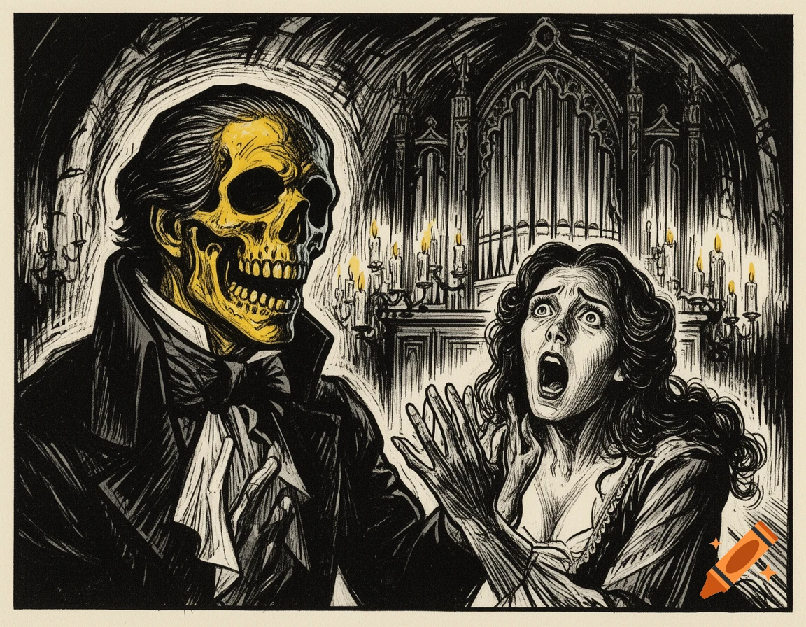 A high-contrast graphic novel illustration of a man with a golden skull-like face and a woman screaming in terror in a gothic organ hall.