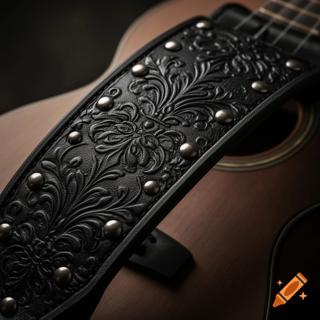Close-up of a black leather guitar strap with an ornate damask pattern and silver studs, resting on a wooden ukulele.