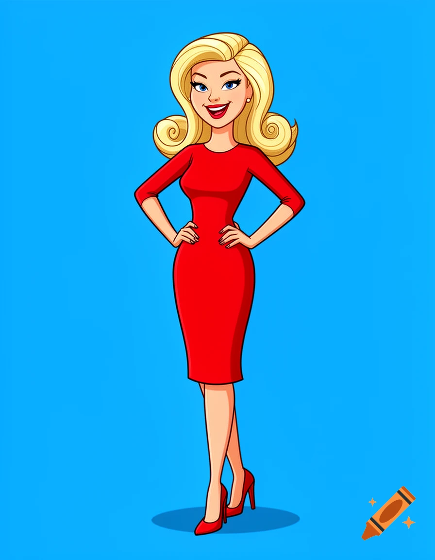 Cartoon woman with blonde hair, red dress, and red heels, smiling with hands on hips against a blue background.