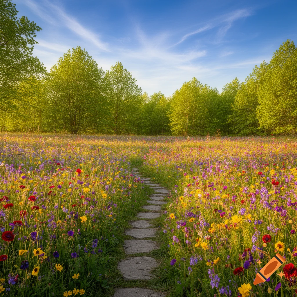 A winding stone path through a vibrant field of colorful wildflowers leading into a lush green forest under a blue sky.