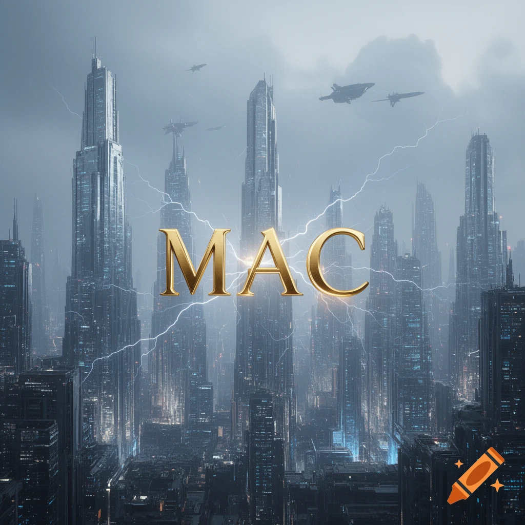A futuristic cityscape with tall skyscrapers, flying vehicles, and lightning, featuring the large, golden word "MAC" in the center.