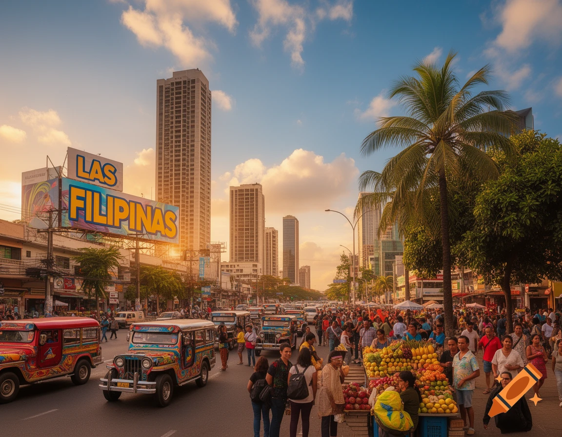 A bustling street scene in the Philippines at sunset, with colorful jeepneys, a fruit market, pedestrians, buildings, and a 'LAS FILIPINAS' sign.