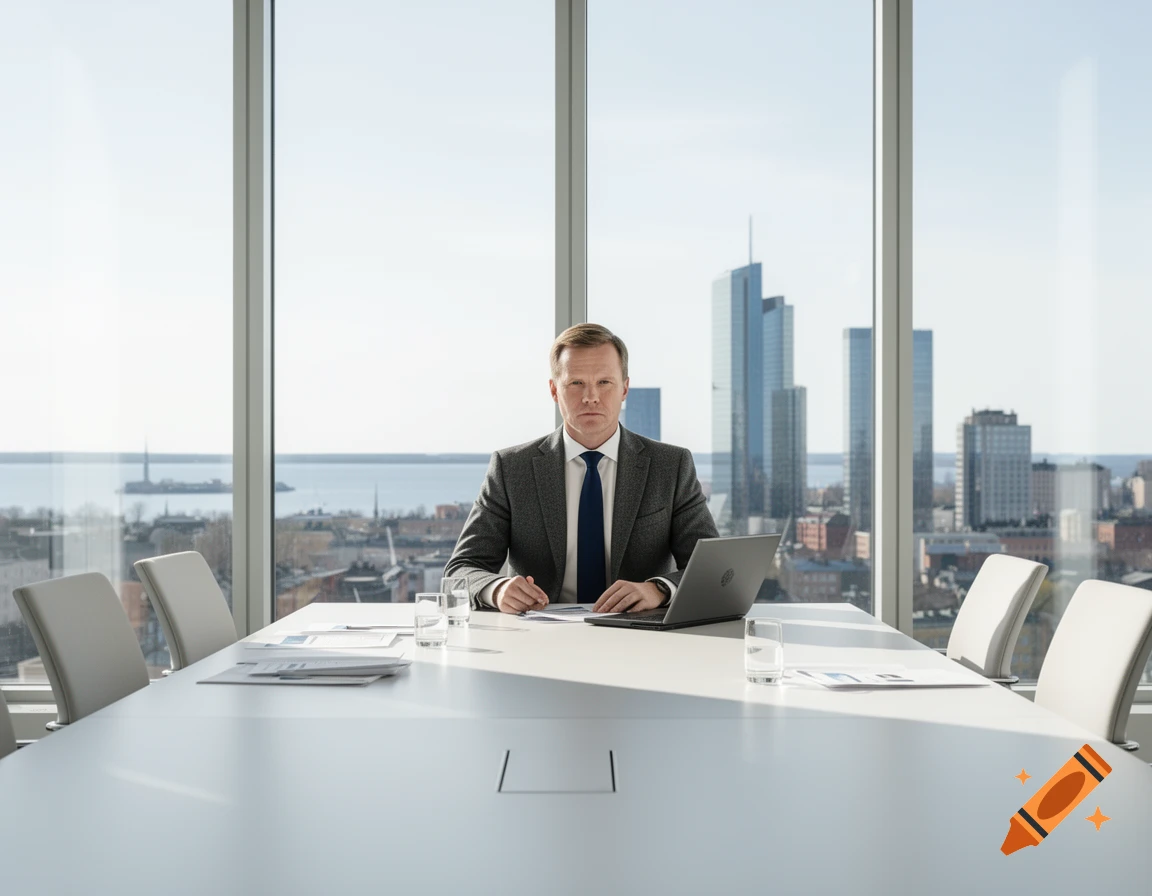 A serious businessman in a suit sits at a conference table in a modern office with a city skyline view.