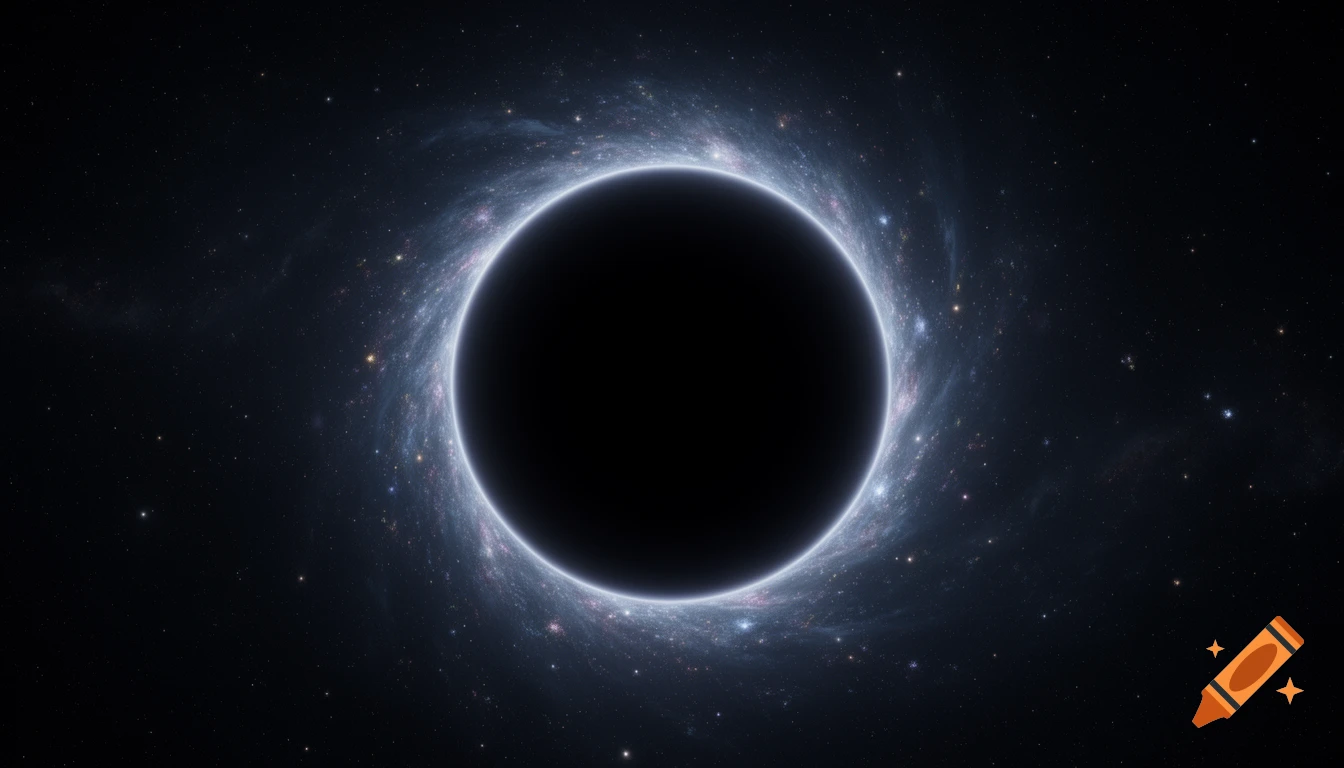 A massive black hole with a bright, swirling accretion disk glows against a dark, star-filled deep space background.