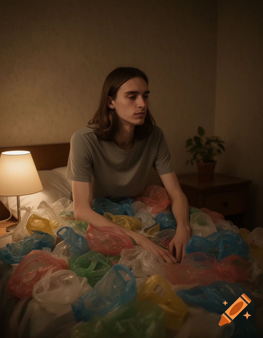 A young man with long brown hair sits on a bed covered in colorful plastic bags, looking away in a dimly lit room.