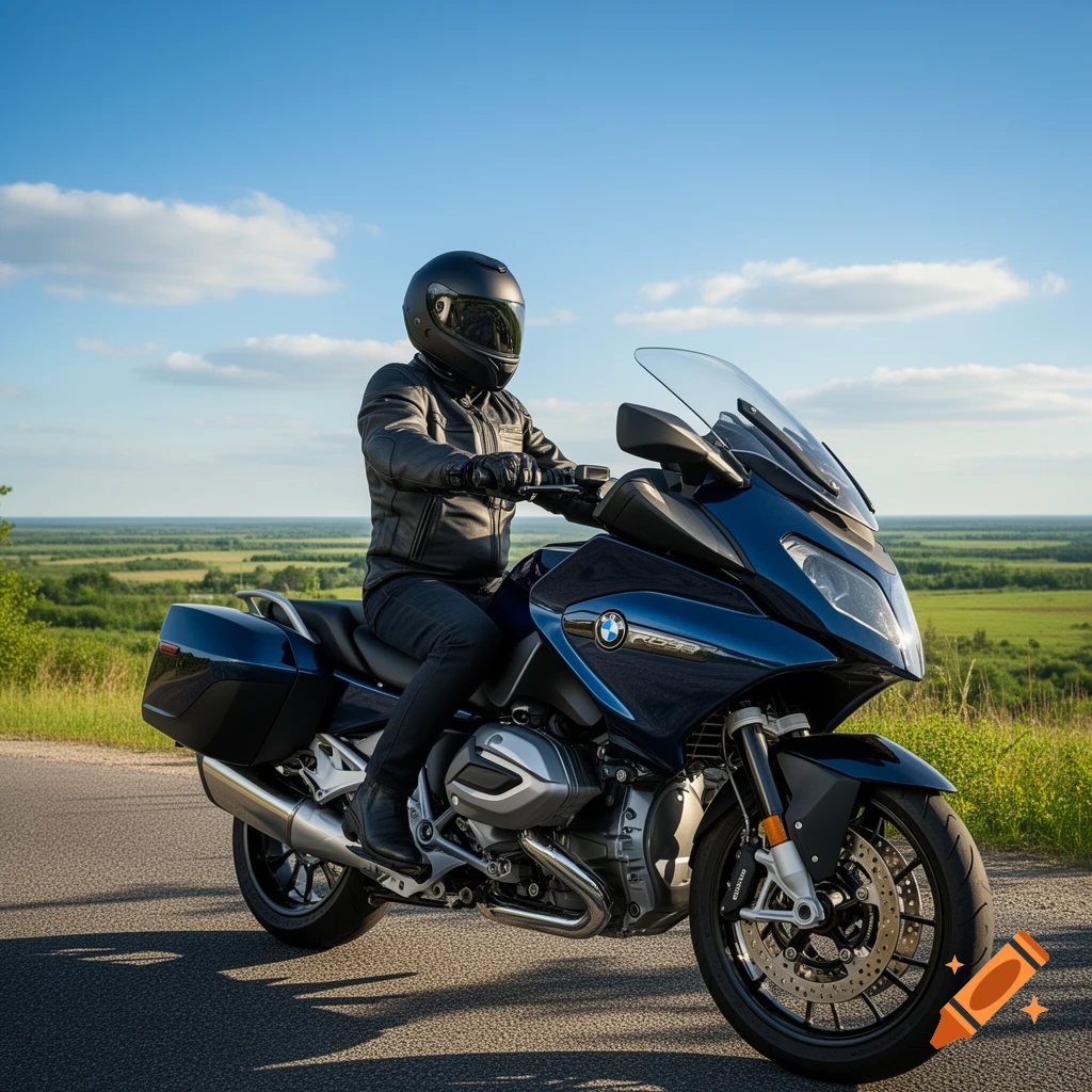 A person in a black helmet and leather jacket rides a blue BMW R1250RT motorcycle on a road overlooking a green landscape under a blue sky.