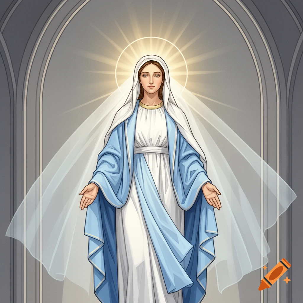 Drawing of the Virgin Mary in a white and blue robe with a halo, standing with outstretched hands under an archway.