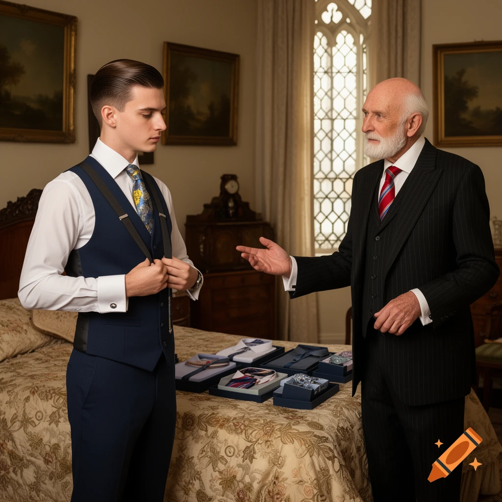 A younger man in a waistcoat and suspenders stands in an opulent bedroom while an older man in a suit points at shirt and tie boxes on the bed.