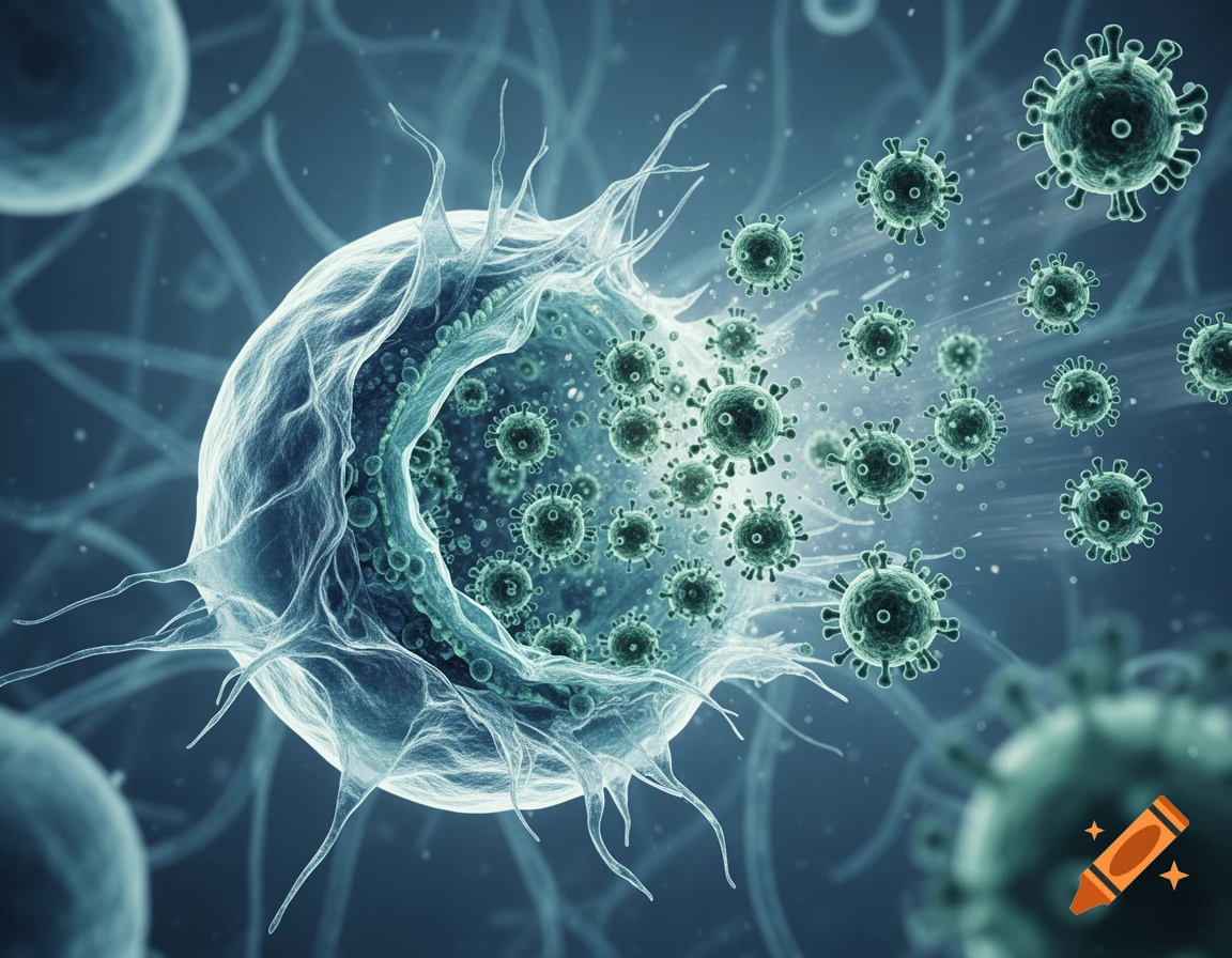 A large cell bursting and releasing numerous spikey virus particles in a dark teal microscopic setting.
