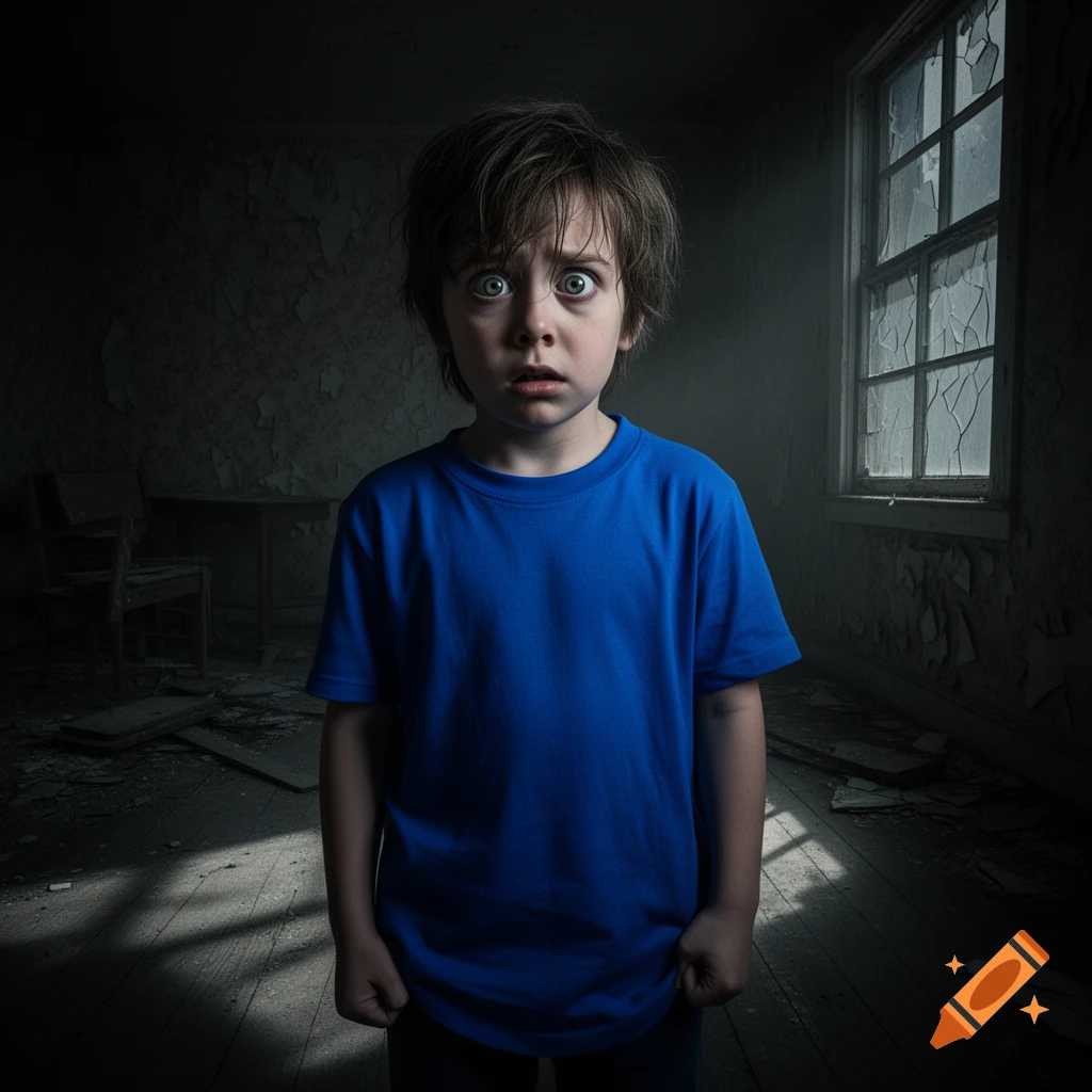 A young boy with wide, scared eyes wears a blue t-shirt in a dark, dilapidated room with broken windows.