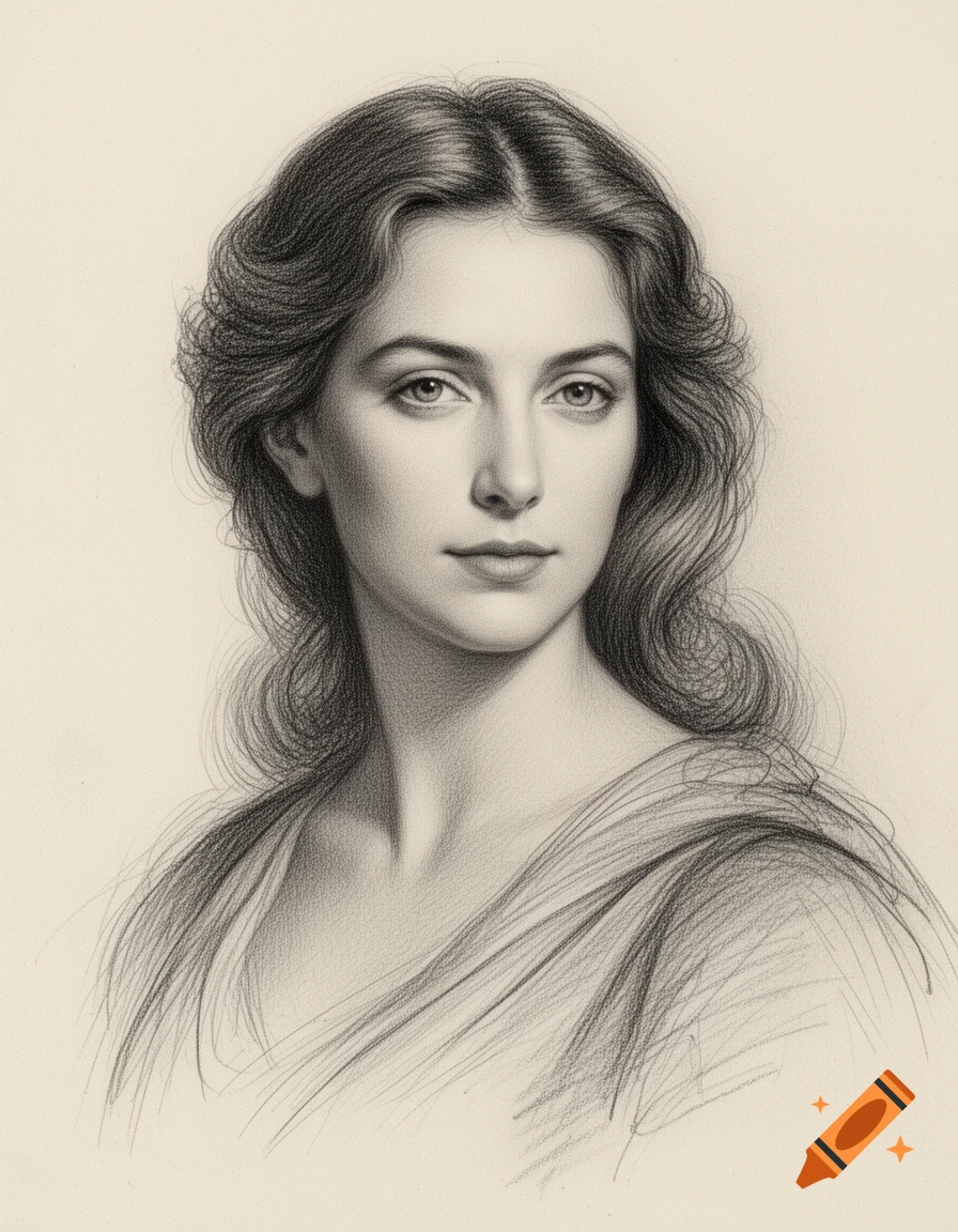 A detailed pencil portrait of a young woman with long, wavy dark hair, looking directly forward with a neutral expression.