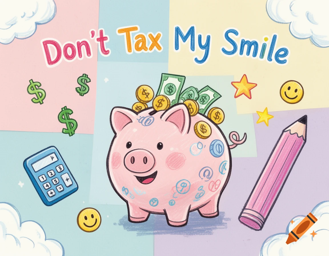 A cartoon pink piggy bank full of money, a calculator, and a pencil, on a colorful background with the text 'Don't Tax My Smile'.