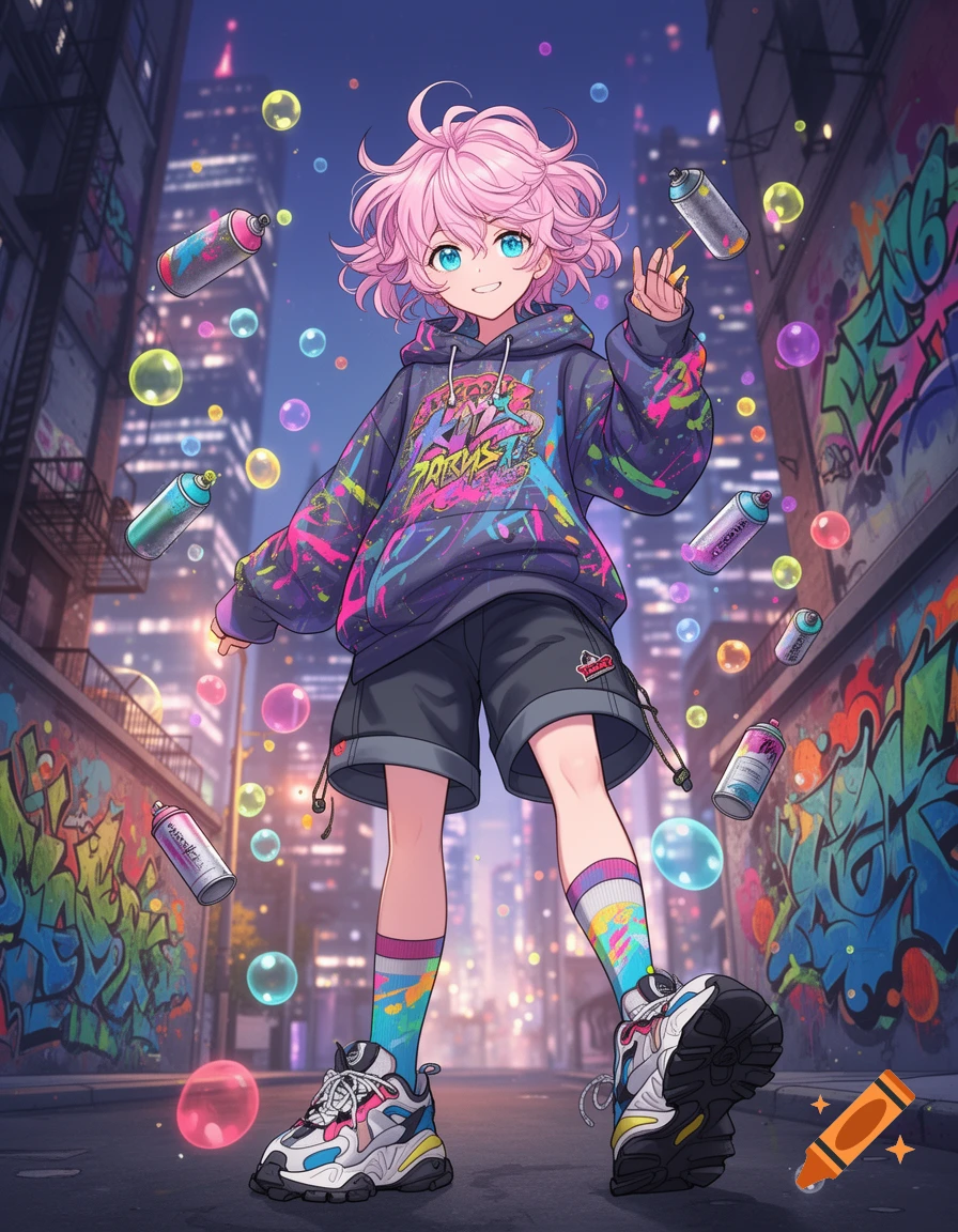 An anime character with pink hair and blue eyes, wearing a graffiti-splattered hoodie and shorts, stands on a city street with spray cans and bubbles floating around.
