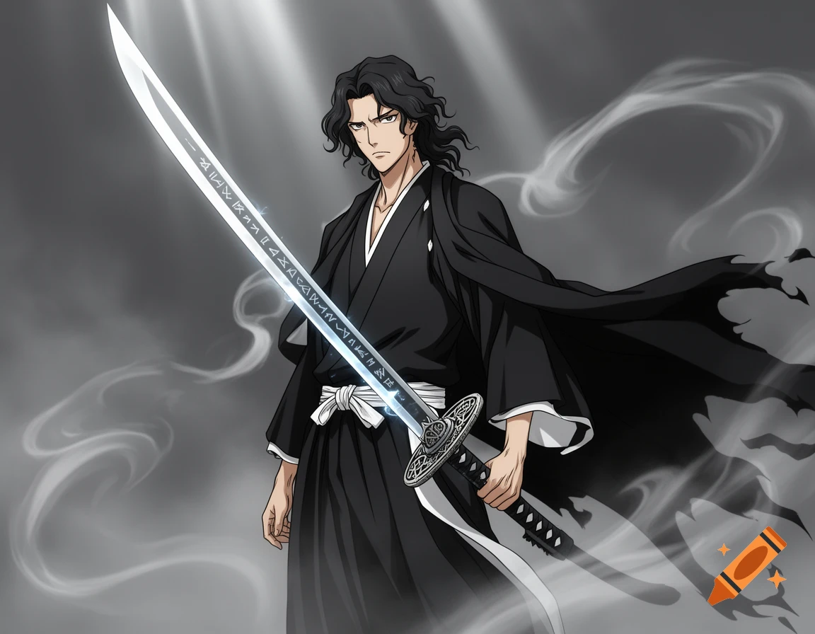 Anime man with black wavy hair, wearing a black kimono-like uniform and cloak, holds a glowing sword with runes.