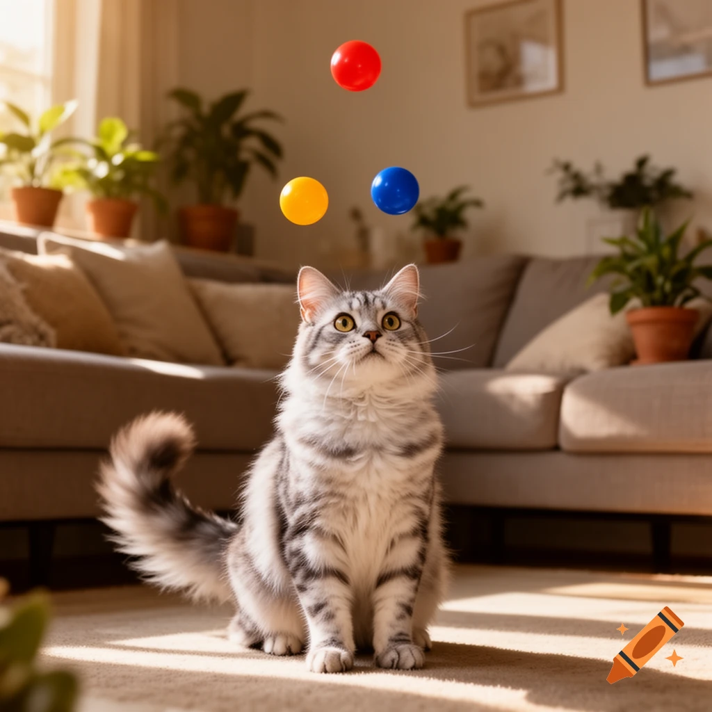 A grey tabby cat looks up at three floating colorful balls in a sunlit living room.