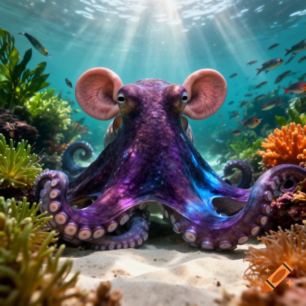 A photorealistic purple octopus with large pink ears rests on a sandy seabed in a vibrant coral reef with sunlight and fish.