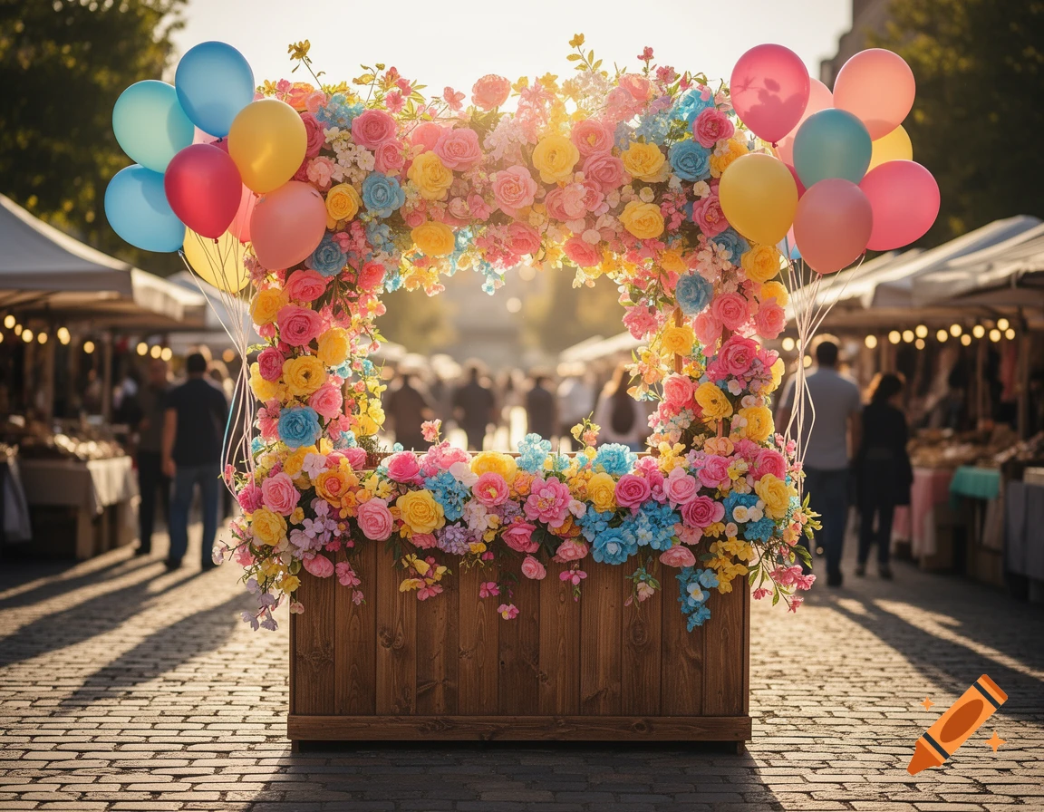 A vibrant market stand decorated with an arch of pink, yellow, and blue flowers and balloons, under a sunny sky.