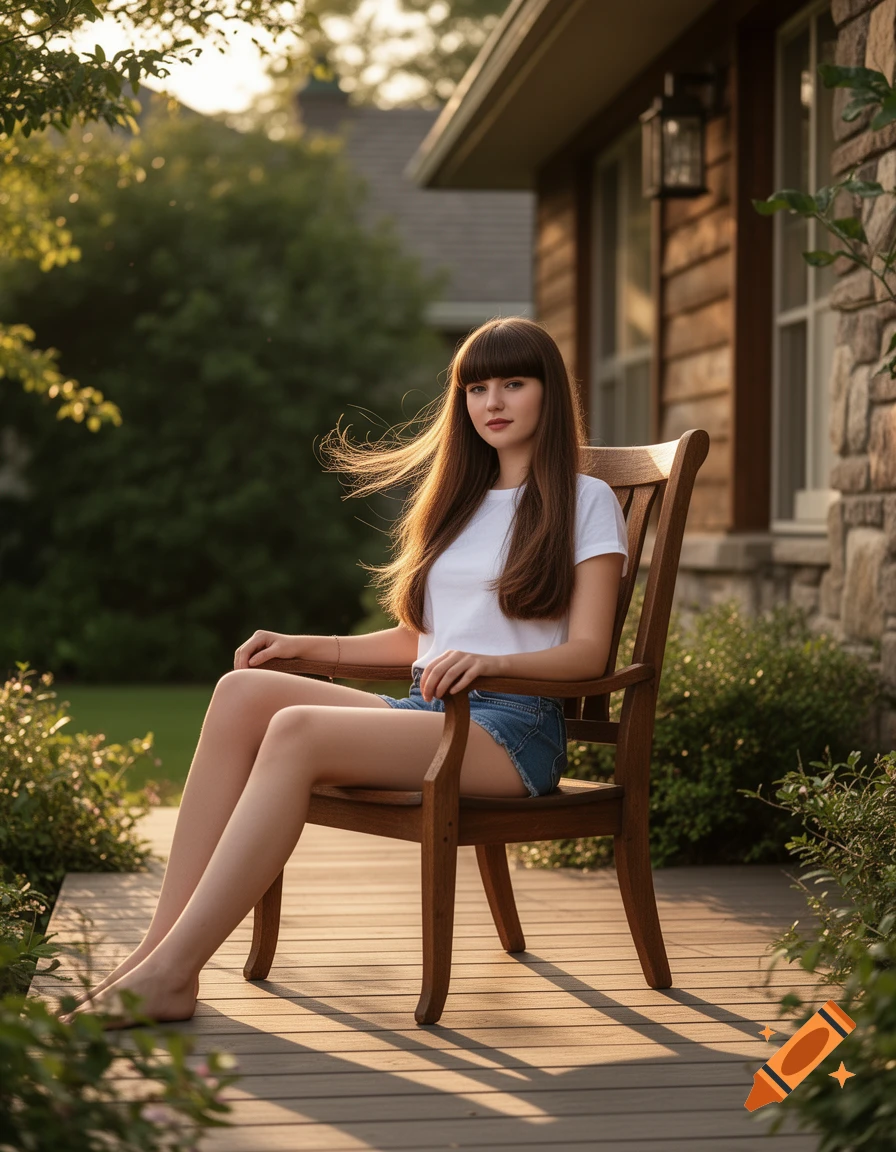 A young woman with long brown hair and blunt bangs sits on a wooden chair on a sunny patio, wearing a white t-shirt and jean shorts.