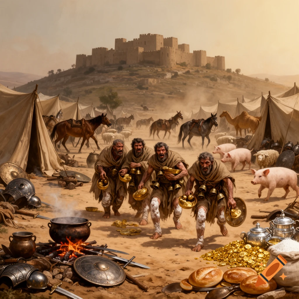 Four ragged lepers scavenge gold and supplies in a sprawling, abandoned ancient military camp, with a fortified city on a hill in the dusty background.