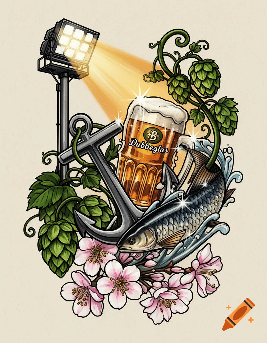 A colorful tattoo-style illustration of a floodlight, 'Dubbeglas' beer mug, anchor, fish, hop cones, and cherry blossoms.