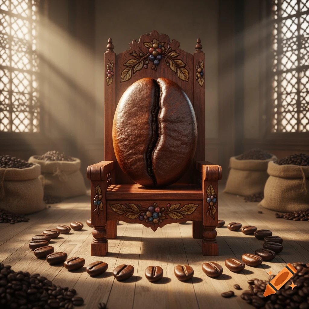 Giant coffee bean on an ornate wooden throne, surrounded by scattered coffee beans and sacks in a sunlit room, photorealistic style.