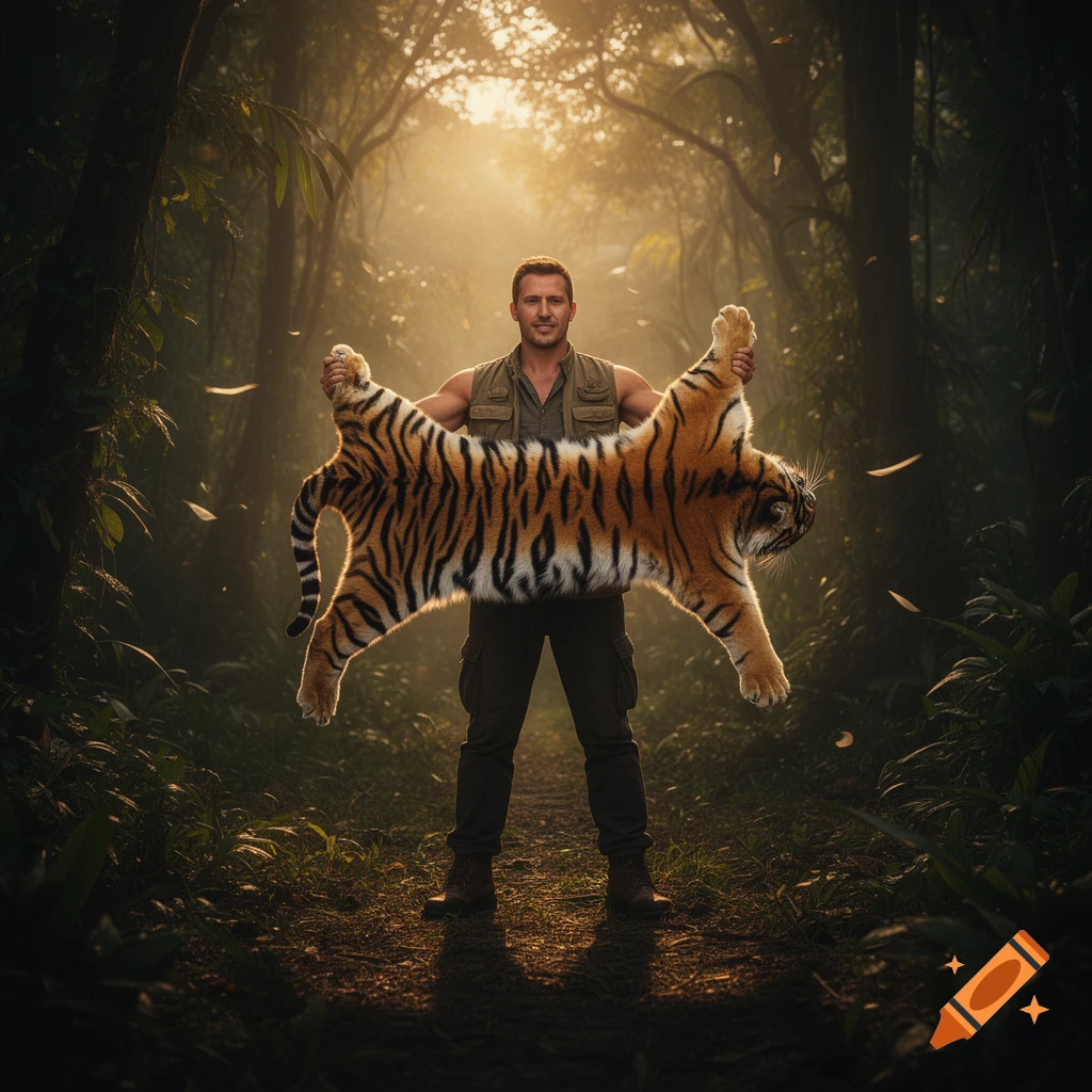 A man in a sleeveless shirt holds up a tiger skin by its front paws in a lush, sunlit jungle path.