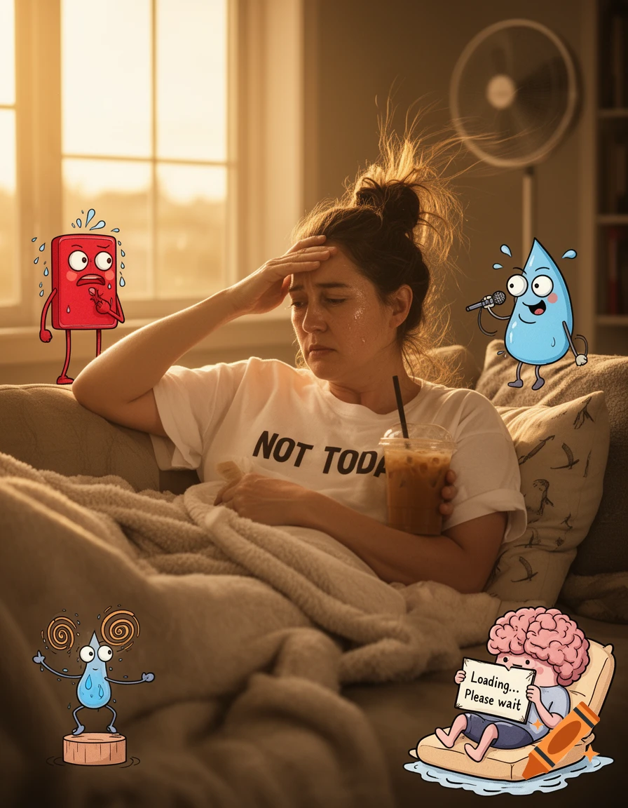 A tired woman on a sofa in a hot room, wiping her brow while cartoon characters representing body functions surround her.