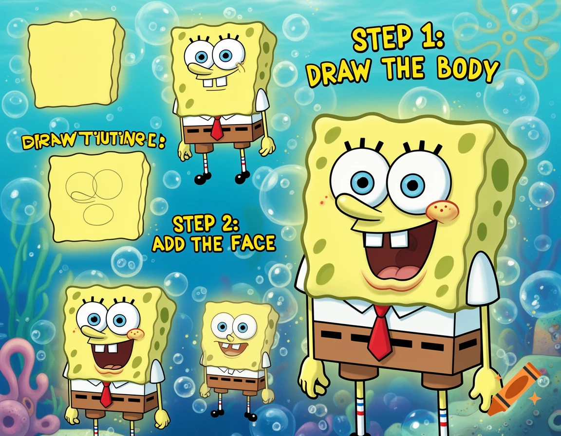 A colorful step-by-step drawing tutorial for Spongebob Squarepants against an underwater background filled with bubbles and coral.