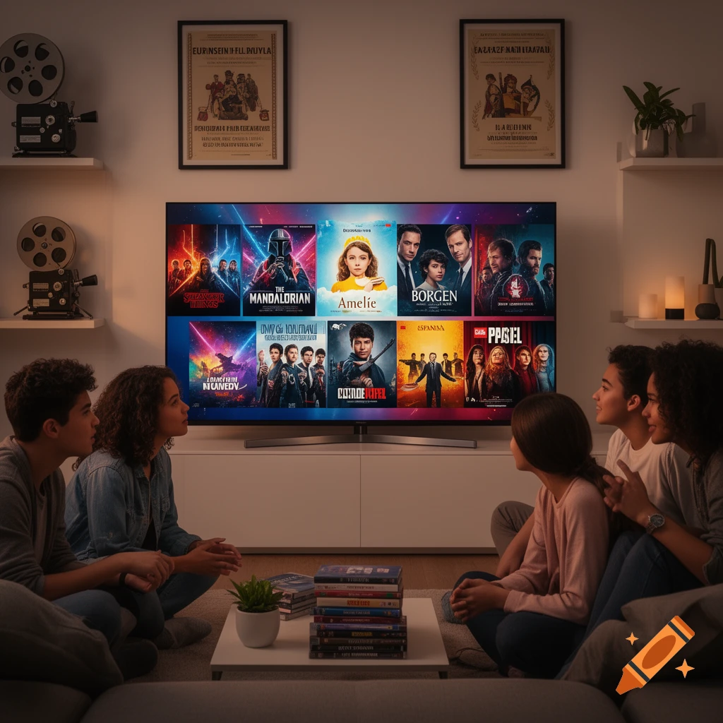 A diverse group of young adults sit on the floor and couch in a dimly lit living room, watching various movie and show titles on a large flat-screen TV.