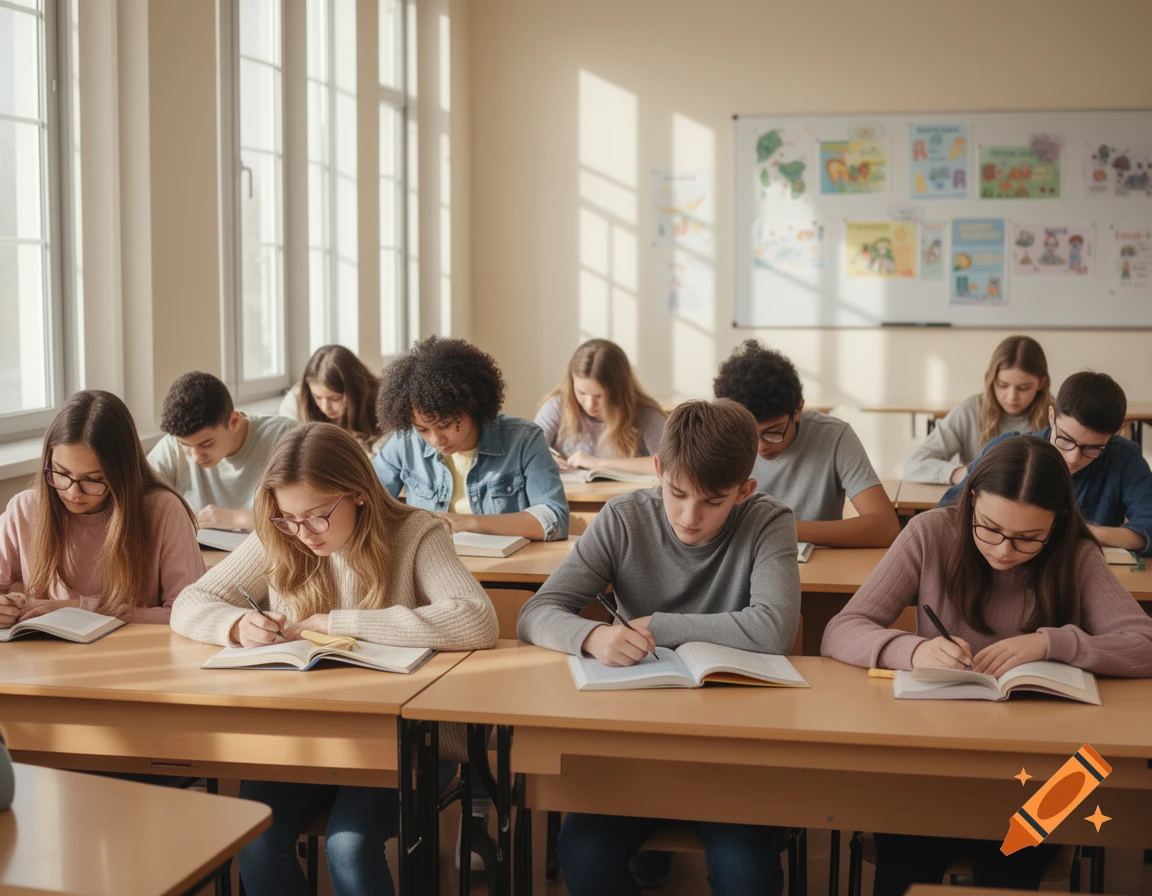 Students sitting at wooden desks in a bright classroom, some writing in notebooks and others reading books.