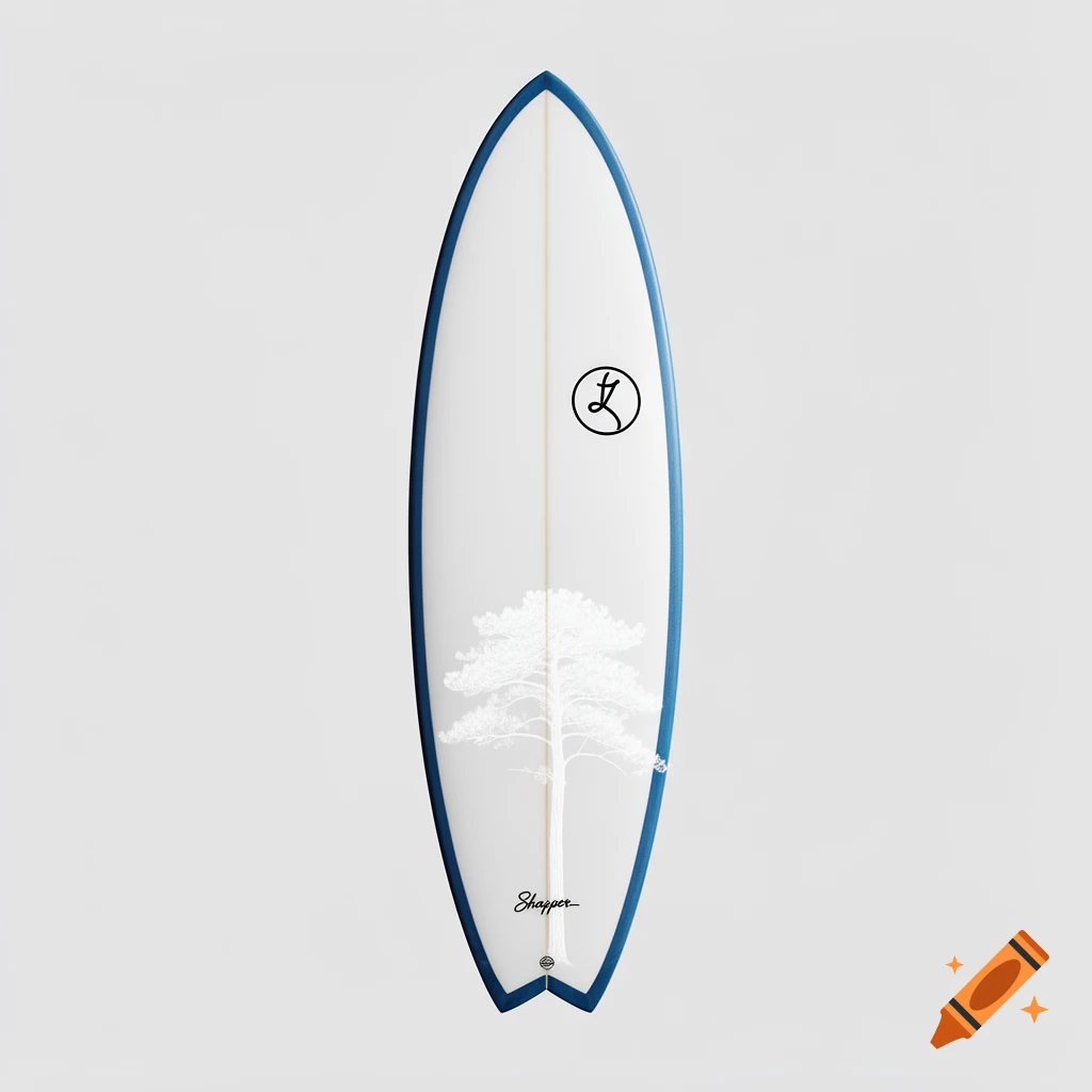 A white surfboard with a dark blue trim on the rails and tail, featuring a white line art drawing of a tree and a black circular logo.