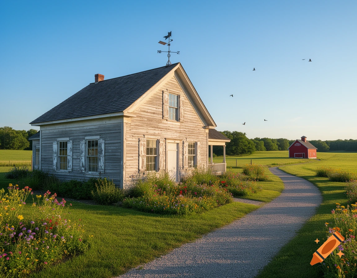 Photorealistic image of an old, weathered farmhouse with a weathervane, surrounded by blooming wildflowers and green grass. A gravel path leads towards a distant red barn under a clear blue sky.