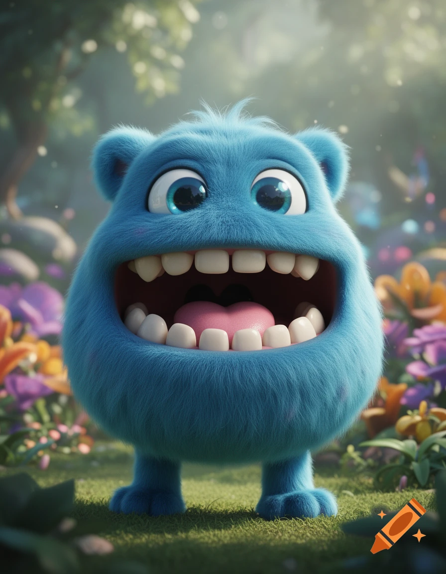 A vibrant blue furry monster with large bright eyes and a wide, toothy grin stands happily in a whimsical, flowery forest.