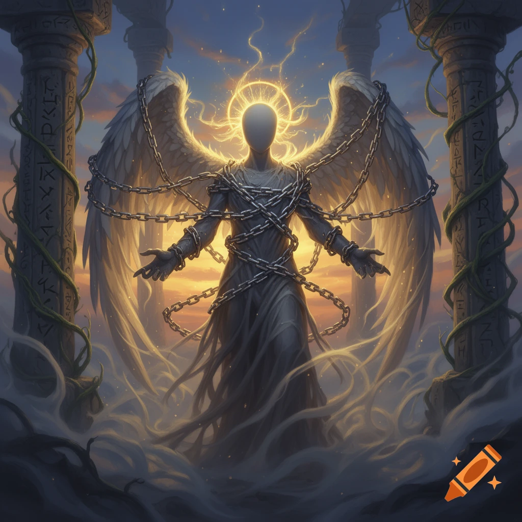 A chained, faceless angelic figure with large wings and a radiant halo stands between two ancient pillars at sunset.