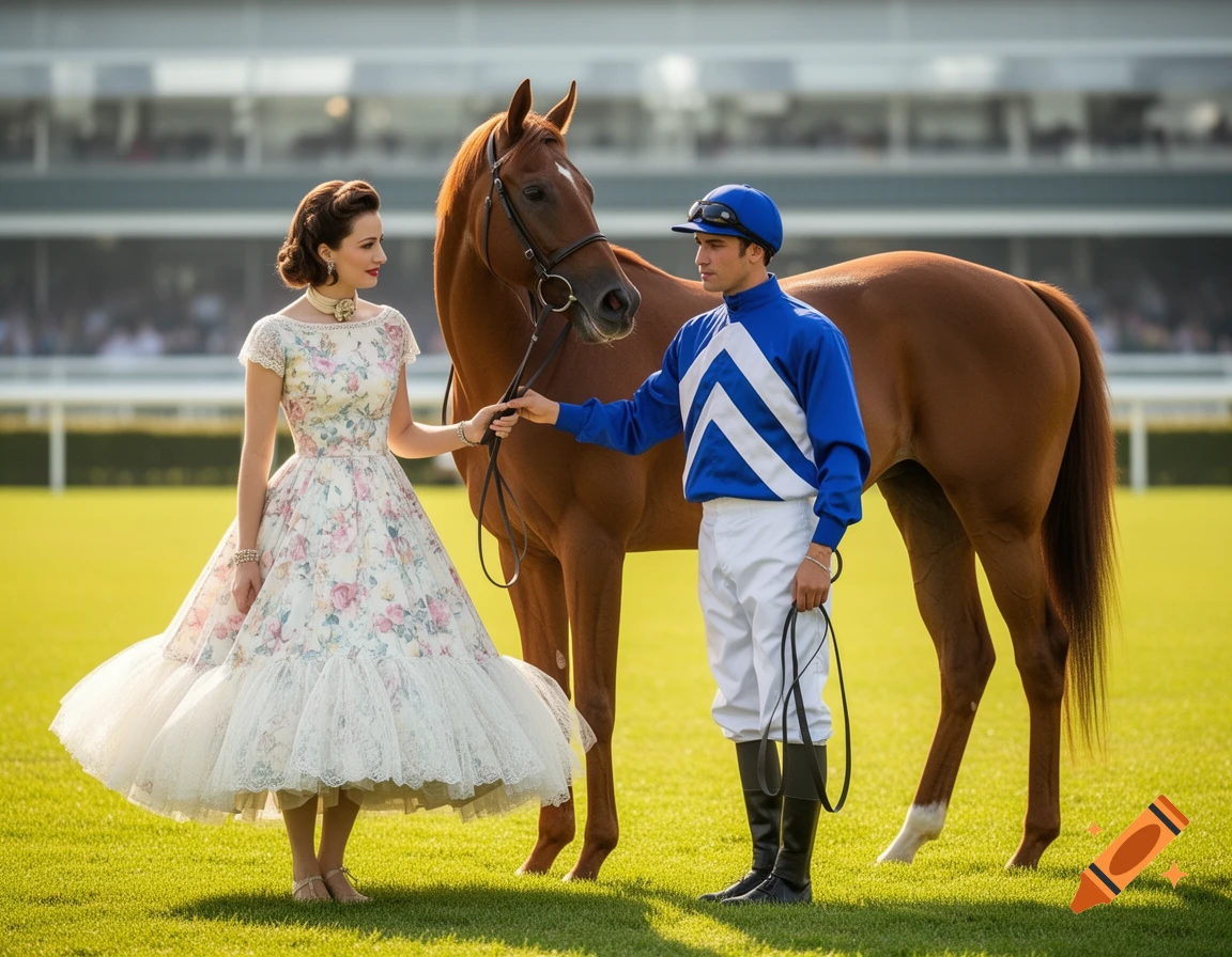 A woman in a floral 1950s dress stands next to a jockey in blue and a brown racehorse on a green race track.