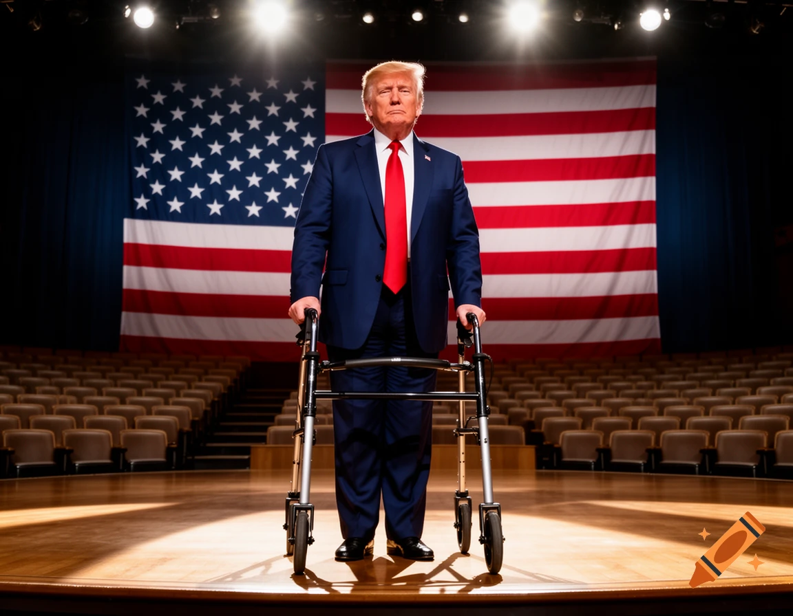 Photorealistic image of Donald Trump standing on a stage with a walker in front of a large American flag and empty seats.