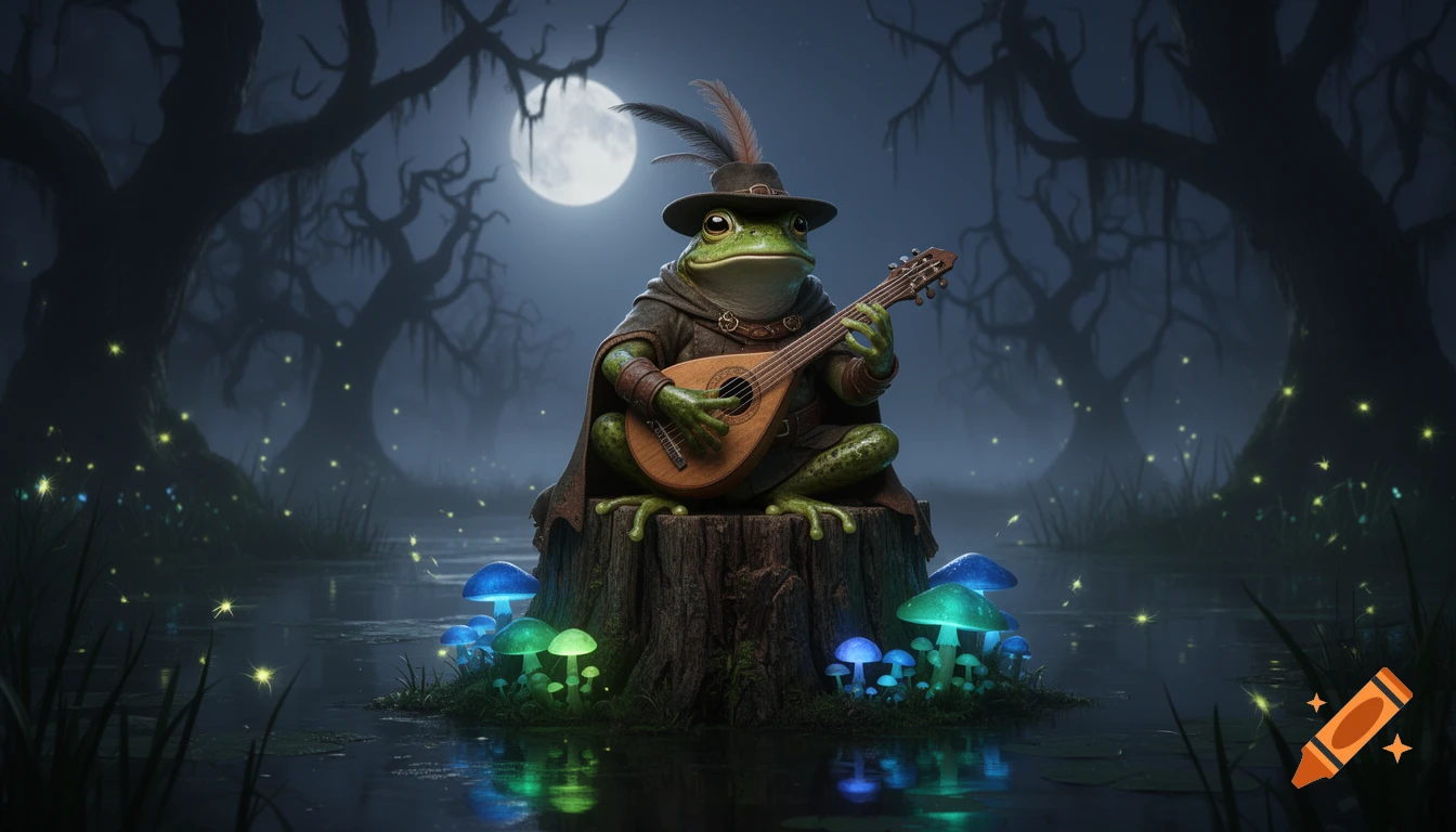 An anthropomorphic frog bard plays a lute on a stump in a dark, magical swamp with glowing mushrooms and fireflies under moonlight.