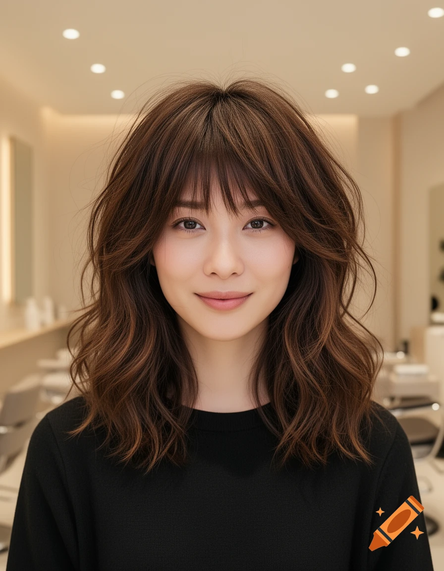 A young woman with a stylish brown wolf cut hairstyle, wearing a black shirt, looking directly at the viewer and smiling faintly.