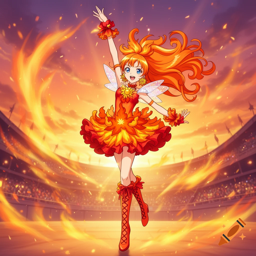 A cheerful anime girl in a red and orange fire-themed dress, with orange hair and small wings, poses in a stadium with fiery effects.