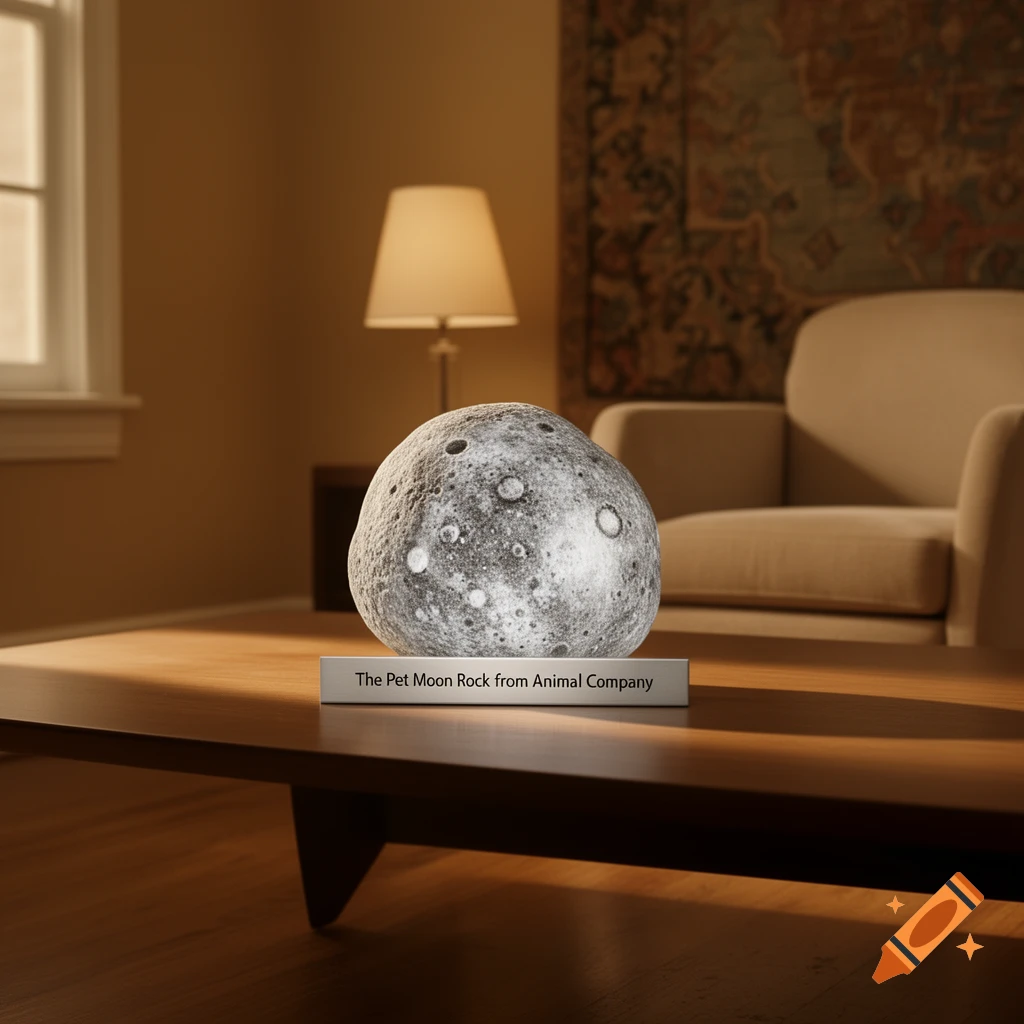 A photorealistic Pet Moon Rock on a white display stand, resting on a wooden coffee table in a warm-toned living room.