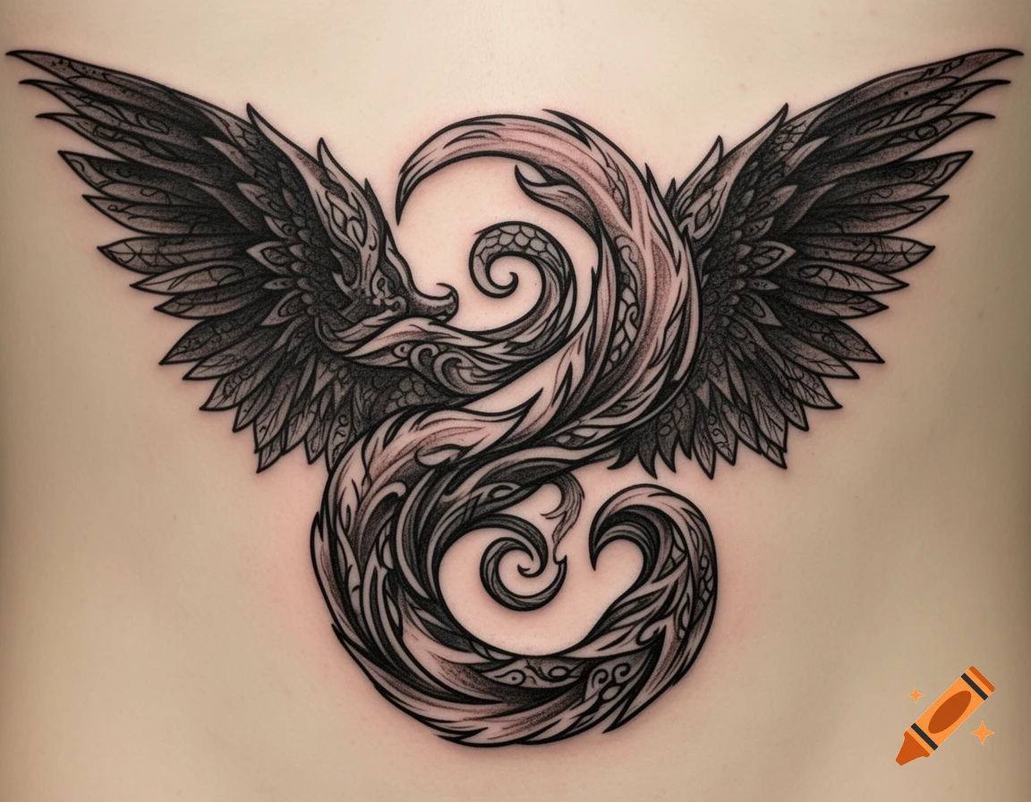 A black and gray tribal tattoo design with spread wings and swirling, organic patterns on light skin.