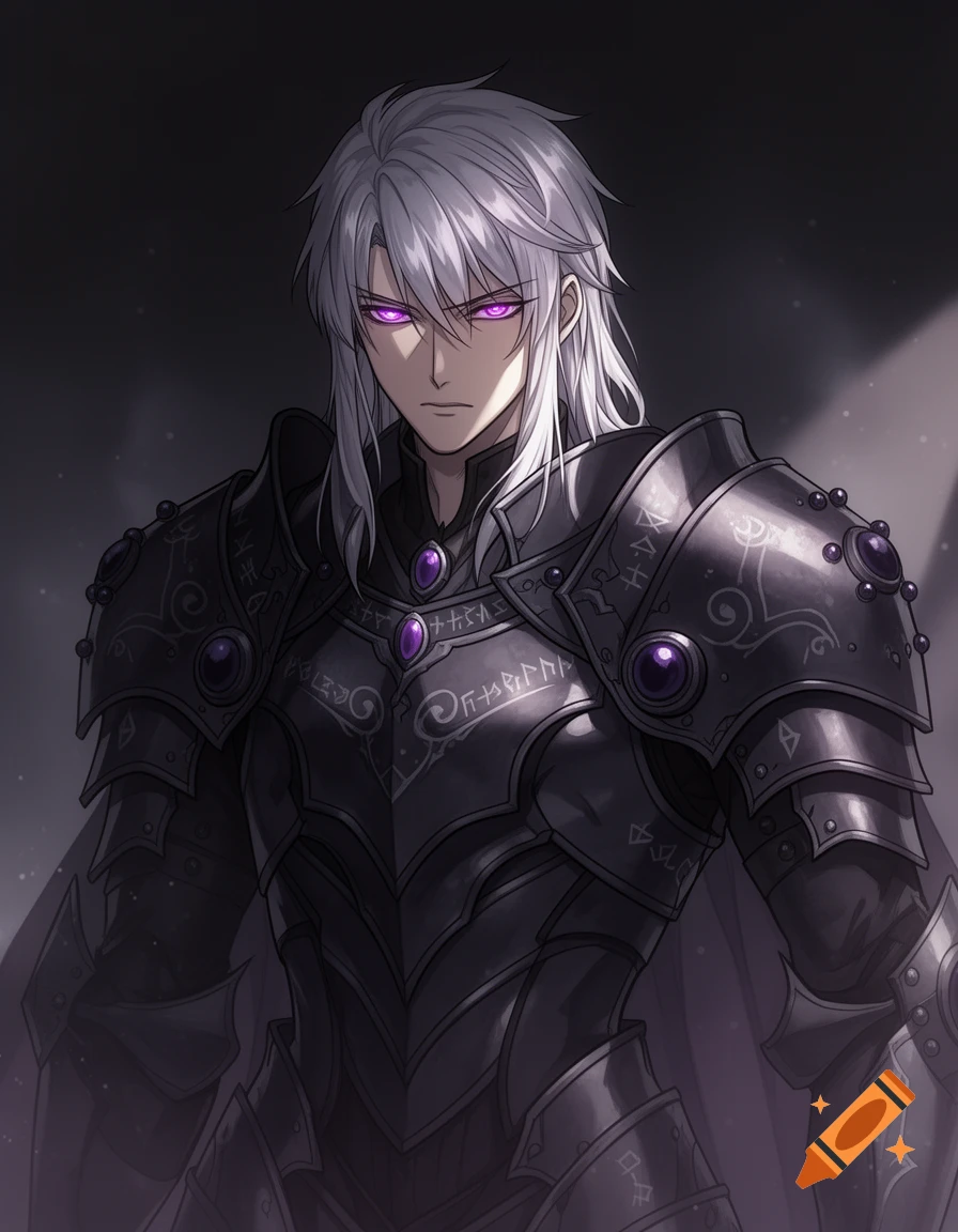 Anime male with white hair and glowing purple eyes wearing intricate ...