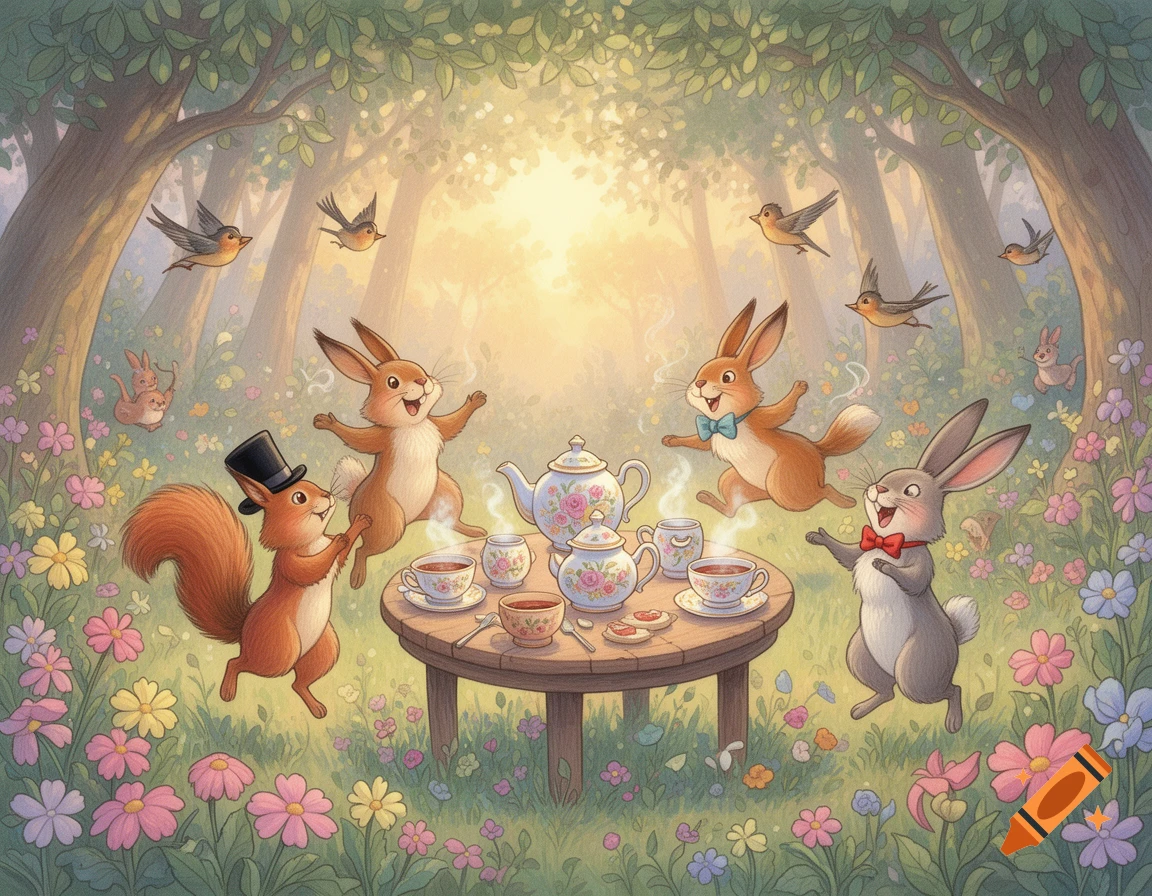 Dancing forest animals, including rabbits and a squirrel in a top hat, have a tea party in a sunlit, flower-filled forest.