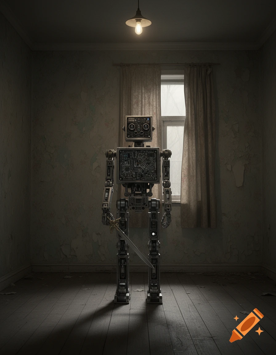 A boxy, metal robot with visible circuitry stands in a dark, desolate room, holding a sword. A single light bulb hangs from the ceiling, and a window with curtains is behind it.