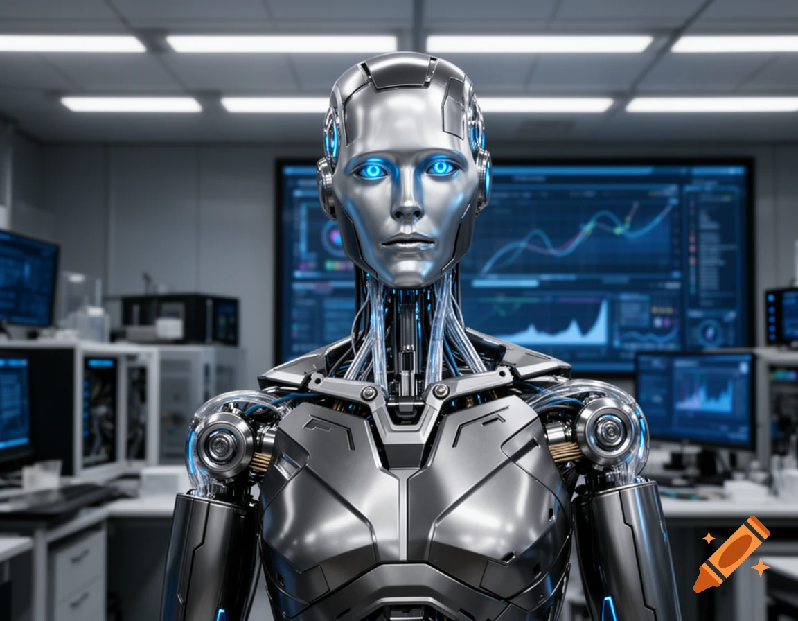 Photorealistic silver humanoid robot with glowing blue eyes in a high-tech laboratory with data screens.